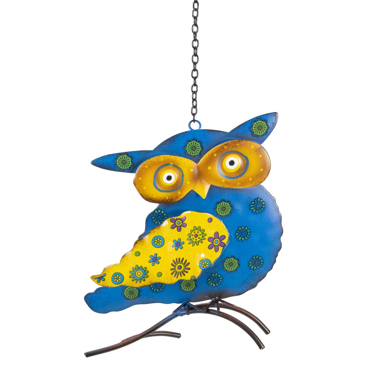 8" Blue & Yellow Metal Outdoor Wall Hanging Owl